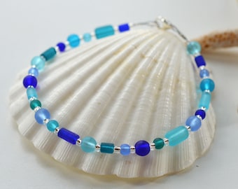 Blue sea glass bracelet blue bracelet beach glass bracelet sea glass jewelry sterling silver and sea glass gift for mom adjustable bracelet
