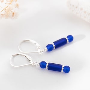 Cobalt blue sea glass earrings: Small dangle drop, Handmade jewelry, Sterling silver, Minimalist, Lightweight bild 1