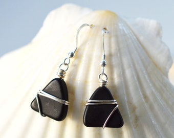 Sea glass earrings black sea glass jewelry black earrings handmade earrings wire wrapped earrings sterling silver lever backs earrings