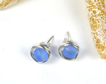 Blue sea glass studs, Small sterling silver posts, Handmade frosted glass earrings, Daughter birthday