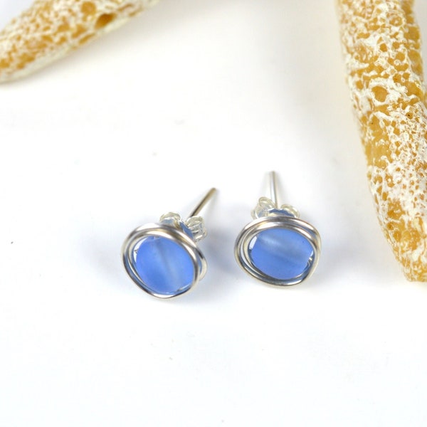 Blue sea glass stud earrings • Cute sterling silver posts • Small light blue earrings • Handmade earrings • Birthday or anniversary gift