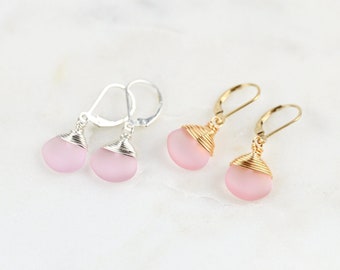 Pink sea glass earrings • Sterling silver and 14 gold fill wire wrapped earrings with lever backs or hooks • Small dangle earrings • Gift