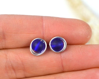 Cobalt blue sea glass studs • 925 sterling silver post earrings • Perfect for sensitive ears - no allergies • Cute handmade studs beach