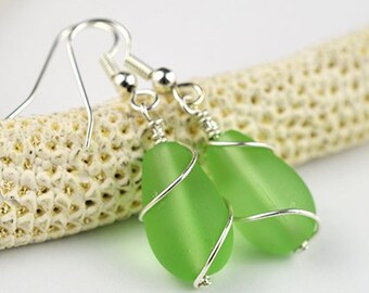 Bridesmaids earrings green sea glass earrings for bridesmaids jewelry wedding jewelry sterling silver wire wrapped earrings bridal earrings