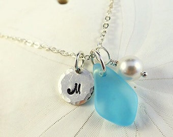 Blue sea glas necklace customized necklace personalized jewelry with letter with initial monogram custom seaglass jewelry sterling silver