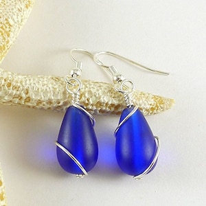 Cobalt blue sea glass dangles, Frosted glass jewelry for women, Sterling silver handmade earrings