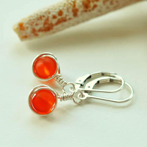 Orange sea glass earrings sterling silver wire wrapped earrings lever backs leverbacks anniversary gift birthday gift bridesmaids earrings