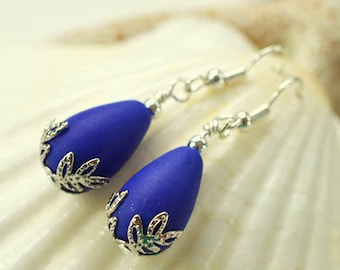 Cobalt blue sea glass earrings opaque cobalt beach glass earrings bridesmaids earrings sterling silver beaded earrings seaglass jewelry