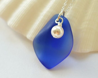 Cobalt blue sea glass pendant seaglass pendant sea glass jewelry seaglass jewelry blue necklace with Swarovski pearl handmade jewelry