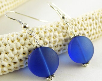 Sea glass earrings cobalt blue seaglass jewelry frosted glass beaded jewelry sterling silver handmade jewelry beach glass earrings for women