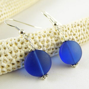 Sea glass earrings cobalt blue seaglass jewelry frosted glass beaded jewelry sterling silver handmade jewelry beach glass earrings for women