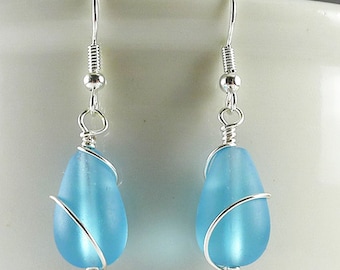 Light blue sea glass earrings: Sterling silver wire wrapped teardrop dangles, Hypoallergenic lever backs