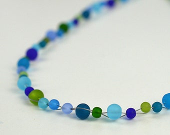 Blue & green beach glass necklace: Sea glass jewelry, Frosted beads, Handmade gifts for her