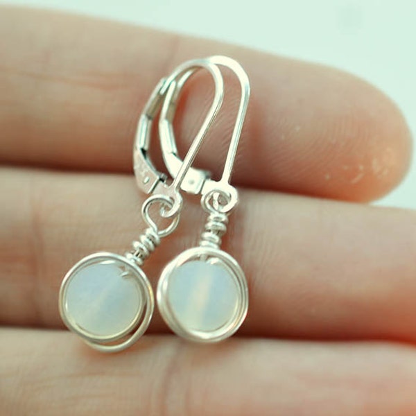 White sea glass earrings lever back earrings leverback sterling silver earrings sea glass jewelry opal like earrings wire wrapped earrings