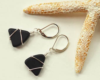 Black sea glass earrings lever back earrings sterling silver leverbacks gift for mom mother wire wrapped earrings sea glass jewelry friend