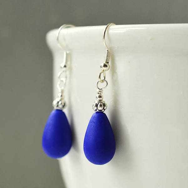 Opaque cobalt blue earrings: Blue teardrop dangle drop, Handmade earring jewelry gift