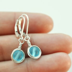 Light blue sea glass earrings with stelring silver lever backs or hooks • Small beach glass dangles • Cute earrings • Gift for sister or mom