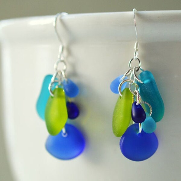 Sterling silver and sea glass earrings blue and green sea glass jewelry handmade on Cape Cod earrings bunches blue seaglass beach glass gift