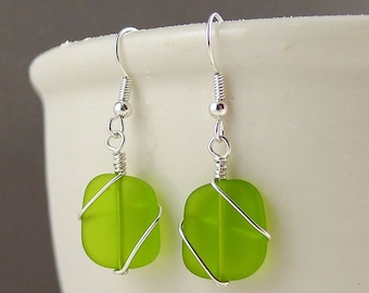 Olive green sea glass earrings sealgass earrings seaglass jewelry sea glass jewelry frosted glass handmade jewelry recycled glass beads