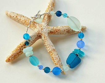 Sea foam & blue sea glass bracelet: Custom seaglass bracelets, Handmade jewelry gift, Frosted beads