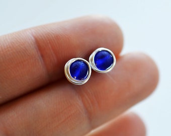 Tiny sterling silver sea glass studs: Cobalt blue frosted glass earrings, Mini hypoallergenic posts