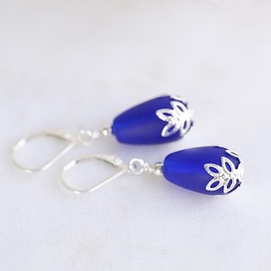 Cobalt blue earrings with sterling silver lever backs for sensitive ears dark blue sea glass earrings dangle drop earrings dainty jewelry