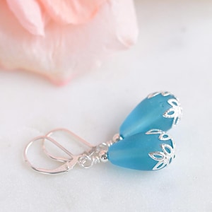 Blue sea glass earrings beach jewelry handmade sterling silver lever back earrings for women sensitive ears hypoallergenic gift for her mom