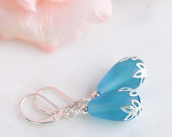 Blue sea glass earrings: Teardrop dangles, Lever back earrings for sensitive ears, Sterling silver