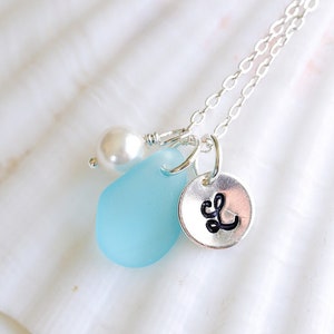 Light blue sea glass necklace: Personalized charm pendant, Custom Sterling silver necklace, Monogram jewelry