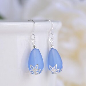 Blue sea glass earrings: Beach glass jewelry, Sterling silver lever back dangles, women hypoallergenic