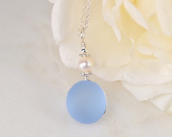 Light blue sea glass necklace for women • Beach glass and real pearls pendant • Sterling silver or gold filled necklace • Gift for her