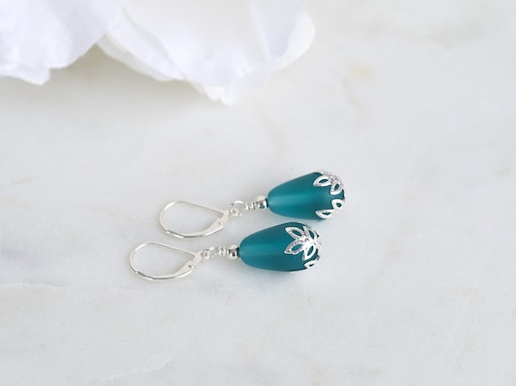 Teal blue earrings: Blue sea glass dangle drop, Sterling silver lever backs, 20 colors
