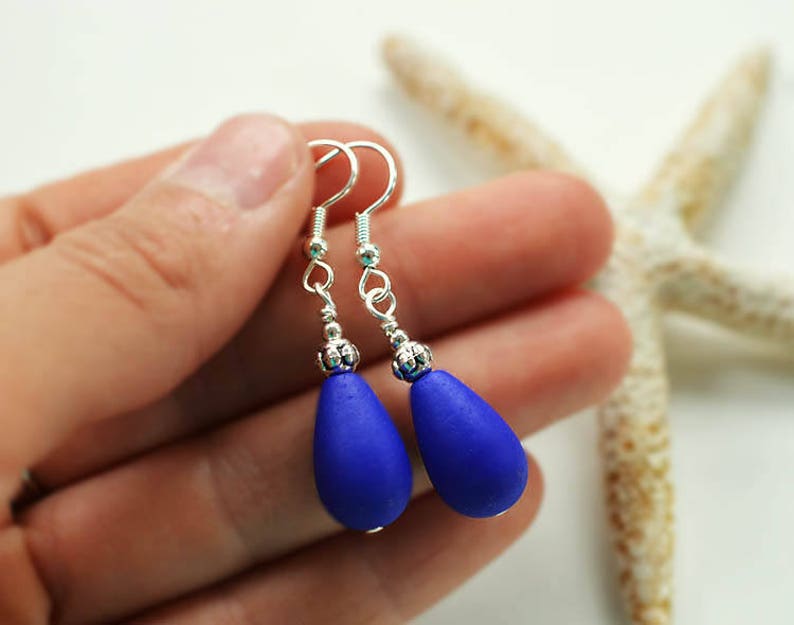Cobalt blue opaque sea glass earrings sea glass jewelry seaglass earrings teardrop earrings handmade earrings blue beach glass gift for mom