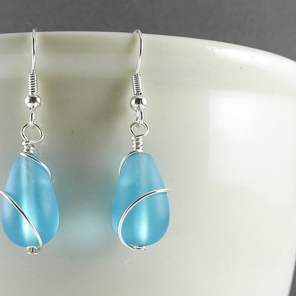 Blue sea glass earrings sea glass jewelry seaglass earrings seaglass jewelry handmade jewelry frosted glass wire wrapped bridesmaids jewelry