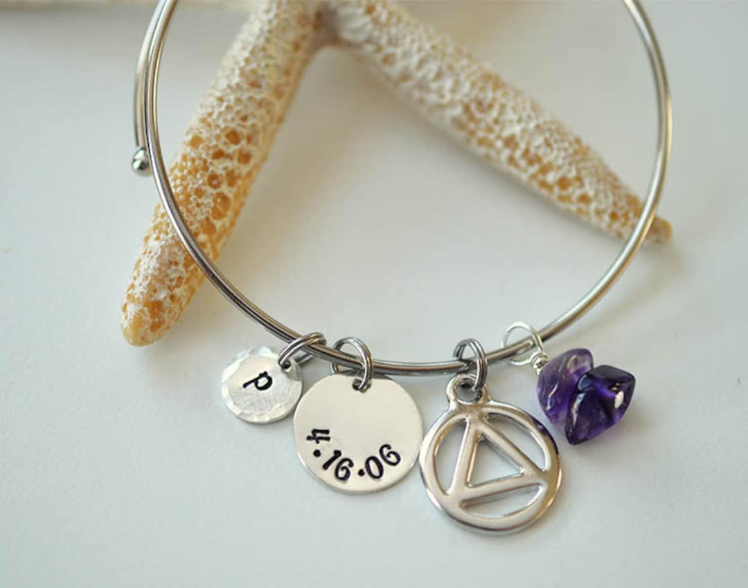 AA Anniversary Bangle: Amethyst Charm, Recovering Alcoholic Gift ...