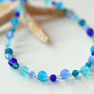 Shades of blue sea glass necklace: Cobalt light blue aqua, Beach jewelry, Custom length