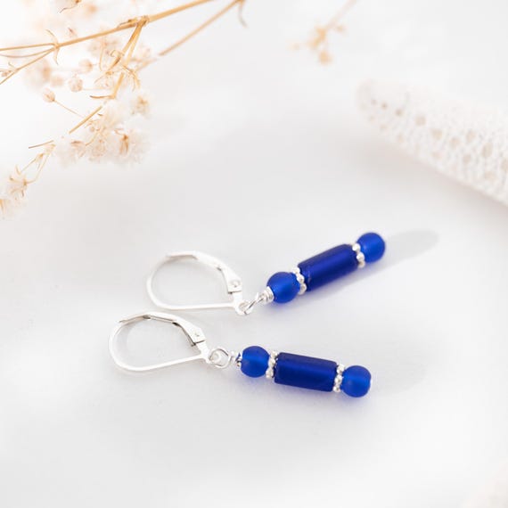 Cobalt blue sea glass earrings: Small dangle drop, Handmade jewelry, Sterling silver, Minimalist, Lightweight