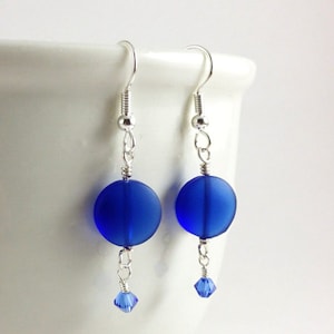 Cobalt blue sea glass earrings dark blue sea glass jewelry dangle earrings with sparkly crystals sterling silver earrings bridesmaids gift