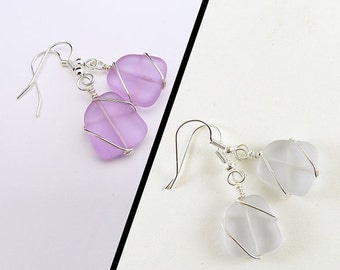 Color changing sea glass earrings purple seaglass jewelry beaded jewelry glass beads seaglass earrings frosted glass wire wrapped jewelry