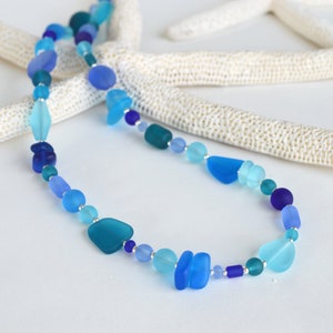 Blue sea glass necklace: Chunky necklace, Handmade statement jewelry, Custom length, Long necklaces, Beach