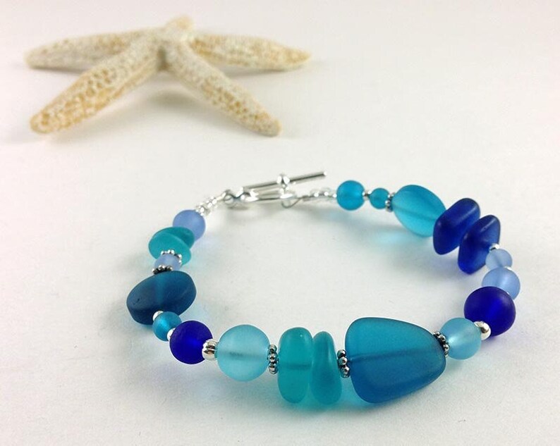 Blue sea glass bracelet sea glass jewelry handmade jewelry seaglass bracelet seaglass jewelry tumbled frosted glass cobalt beaded jewelry 