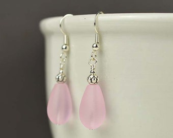 Pastel pink sea glass earrings • Teardrop dangles • Sterilng silver and other materials • Handmade on Cape Cod • St Valentine's day gift