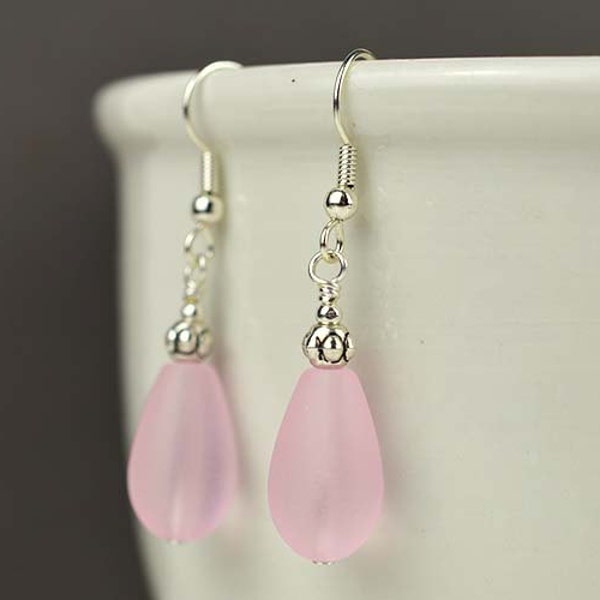 Pastel pink sea glass earrings • Teardrop dangles • Sterilng silver and other materials • Handmade on Cape Cod • St Valentine's day gift