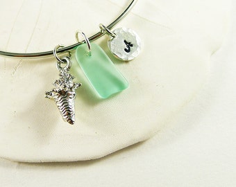 Shell bracelet conch bangle bracelet personalized jewelry custom sterling silver monogram sea glass bracelet seaglass charm