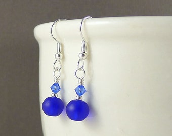 Small sea glass earrings seaglass earrings dangle earrings cobalt blue sea glass jewelry seaglass jewelry bridesmaid earrings wedding gift