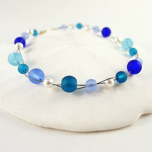 Blue sea glass bracelet with small white pearls light blue beach glass bracelet sea glass jewelry seaglass bracelet cobalt sea glass jewelry