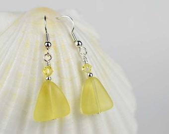 Light yellow sea glass earrings beach glass crystals and sea glass jewelry yellow earrings summer jewelry sterling silver lever backs gift