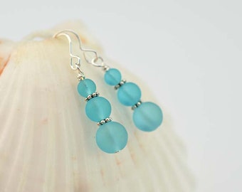 Blue sea glass earrings sea glass jewelry blue seaglass frosted glass beach glass mermaid tears bridesmaids jewelry bridesmaids earrings