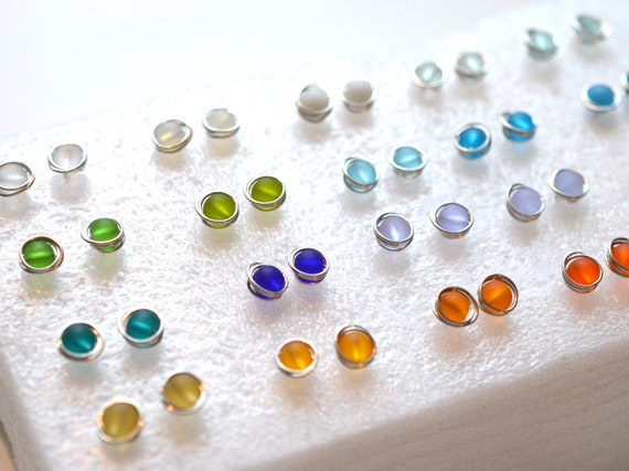 Sea glass stud earrings: Small sterling silver posts, Studs for sensitive ears, Handmade jewelry