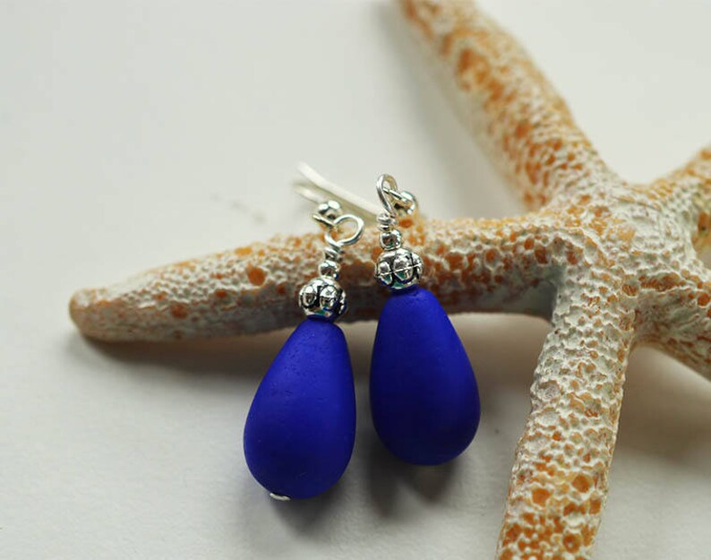 Cobalt blue opaque sea glass earrings sea glass jewelry seaglass earrings teardrop earrings handmade earrings blue beach glass gift for mom